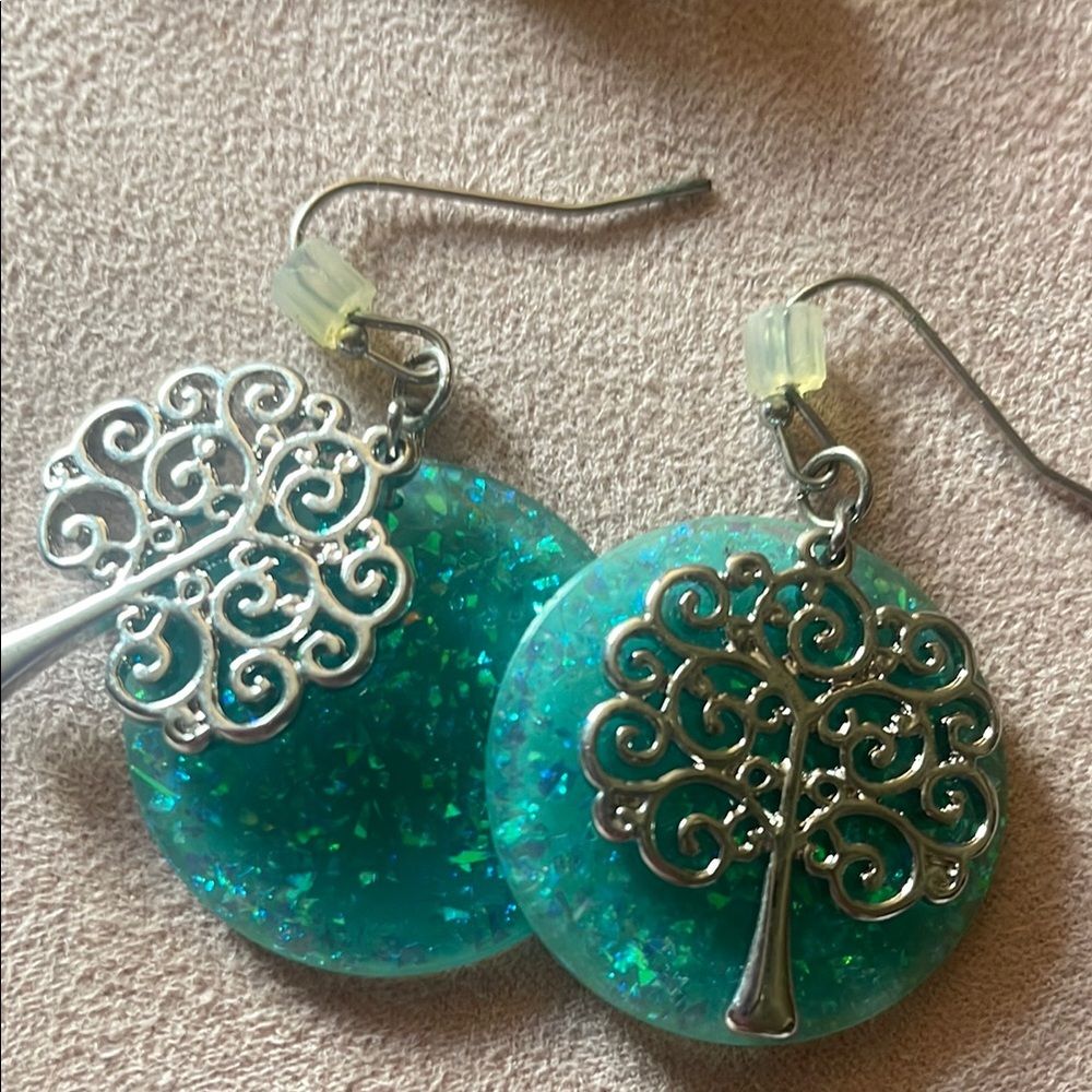 Silver and Blue Tree of Life Dangle Earrings